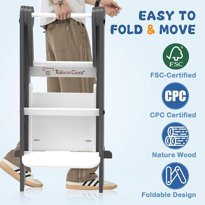 Foldable Toddler Tower, Toddler Kitchen Stool Helper with Safety Net, Wooden Kitchen Step Stool for Toddlers with Adjustable Height, Standing Tower for Learning and Cooking(Blue)
