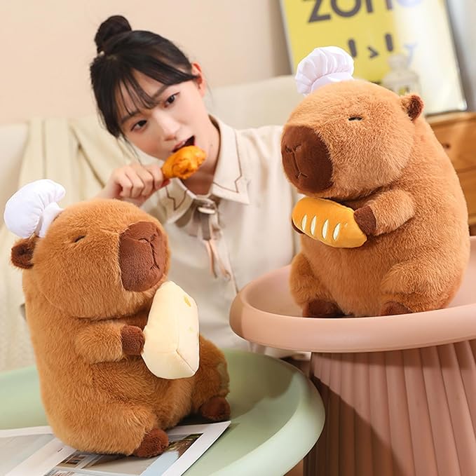 Capybara Plush with Cooking Chef Hat Holding Cheese 9.8 inch Cute Capibara Stuffed Animal Ultra Soft Plushies Toys Kawaii Gifts for Kids Brown