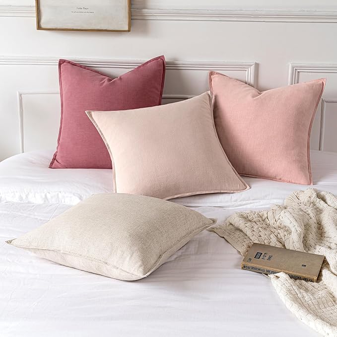 MIULEE Decorative Linen Euro Sham Pillow Covers 22x22 Inch Light Pink | Boho Farmhouse Neutral Couch Throw Pillows for Bed, Pack of 2 Accent Modern Pillowcases, Sofa Livingroom Home Decor