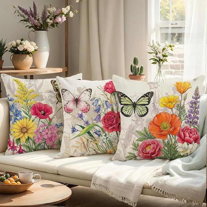wyooxoo Throw Pillow Covers 16x16 Set of 4 Decorative Spring Pillow Covers Linen Flower Butterfly Farmhouse Pillowcases for Sofa Couch Living Room Outdoor