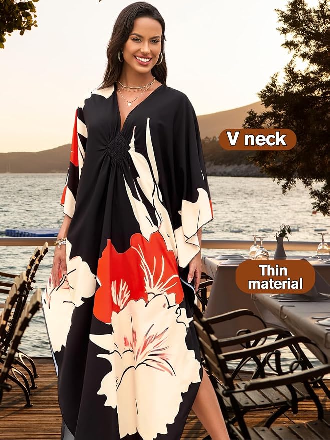 ChiaoLezhee Print Moo-Moos for Women, Kaftan Cover-Up Dresses, Sexy V-Neck High-Slit, Beach Pool-Party Coverups Muumuu Plus