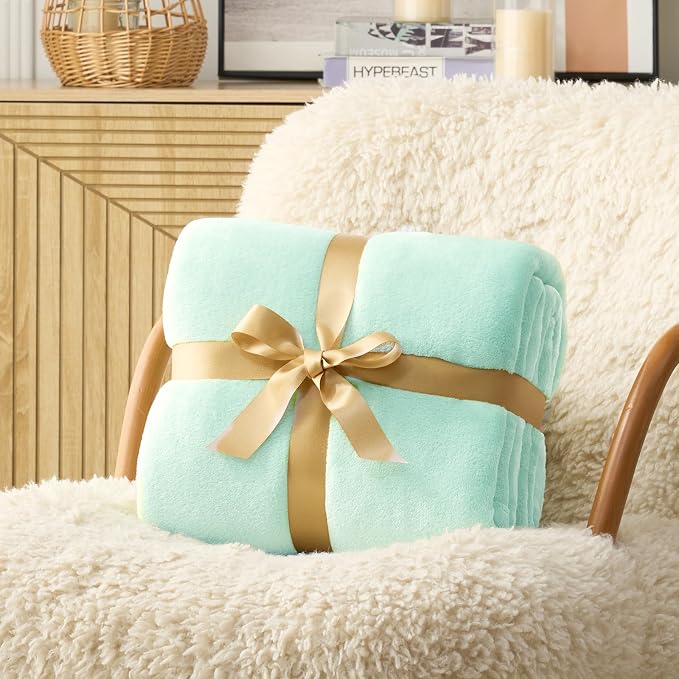 Hansleep Throw XL Mint Green Fleece Blanket, Soft Flannel Bed Blanket | Fuzzy Cozy Blanket 50x70 Inches, Multi-use for Bed, Sofa, Couch, Travel, Camping, All Season Warm Lightweight Cover