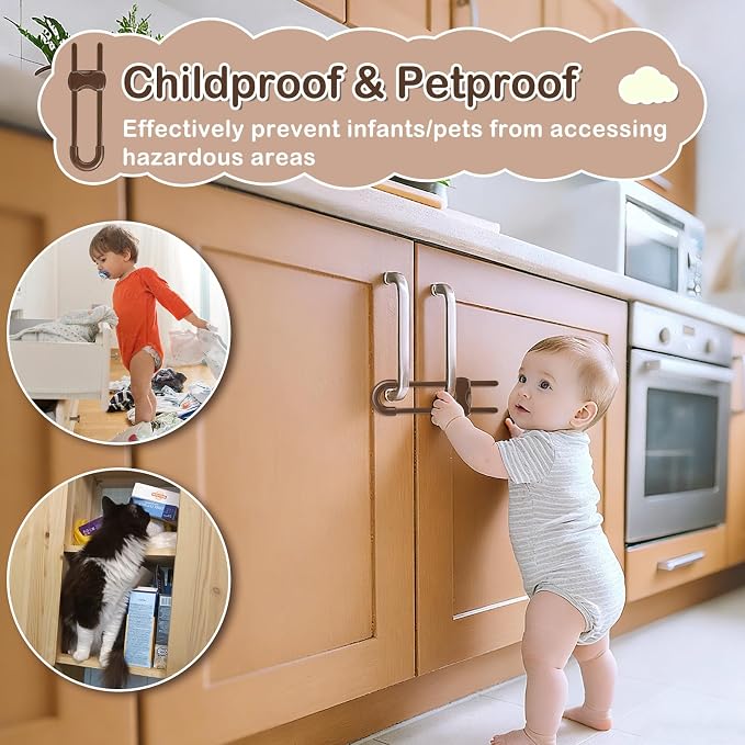 10 Pcs Sliding Cabinet Latches, U Shaped Cabinet Door Locks, Baby Cabinet Safety Latches for Baby Proofing, No Drilling Tool-Free Installation Easy to Use for Knobs or Handle Double Door (Brown)