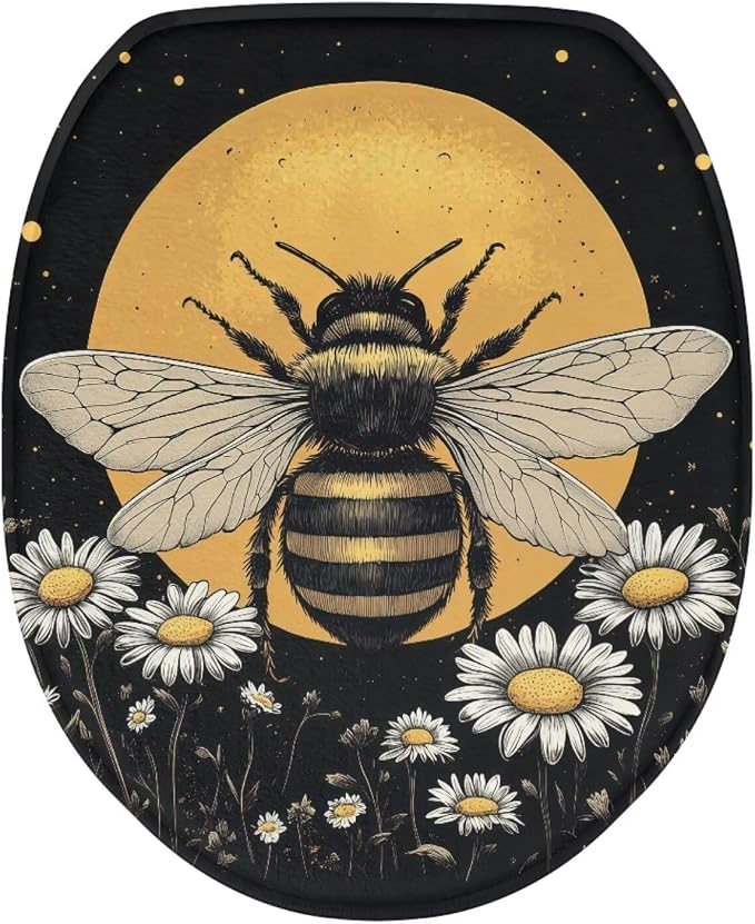 Bee Toilet Seat Cover for Bathroom Bee Moon Toilet Seat Pads Dust Cover Reusable Replacement Fabric Elastic Universal Fit Elongated Oval Round Lid,Easy to Clean