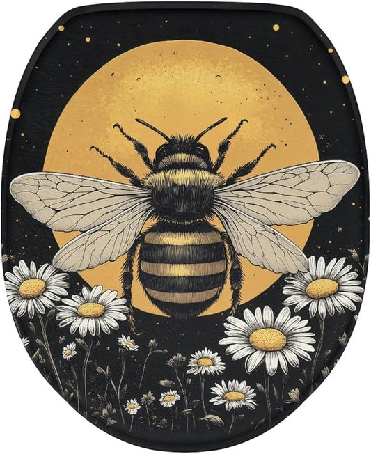 Bee Toilet Seat Cover for Bathroom Bee Moon Toilet Seat Pads Dust Cover Reusable Replacement Fabric Elastic Universal Fit Elongated Oval Round Lid,Easy to Clean
