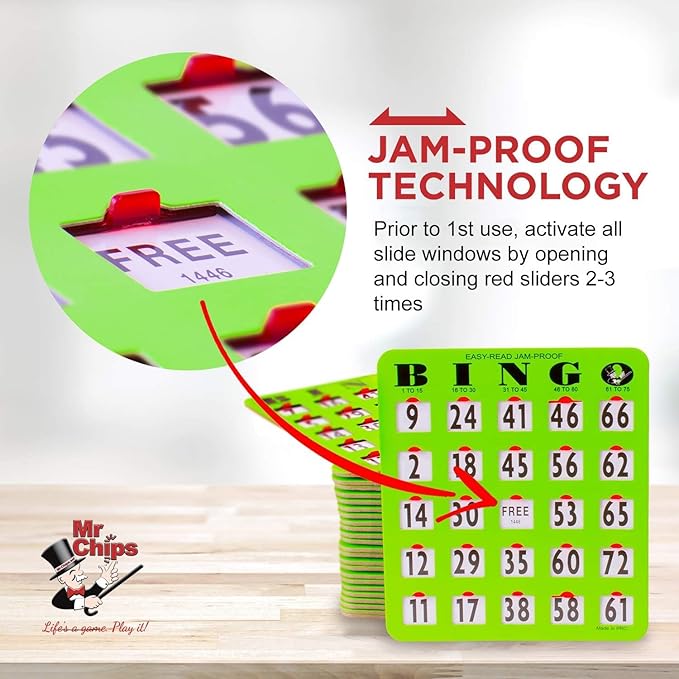MR CHIPS Jam-Proof Easy-Read Large Print Fingertip Bingo Cards with Sliding Windows 10 Pack in Green Style
