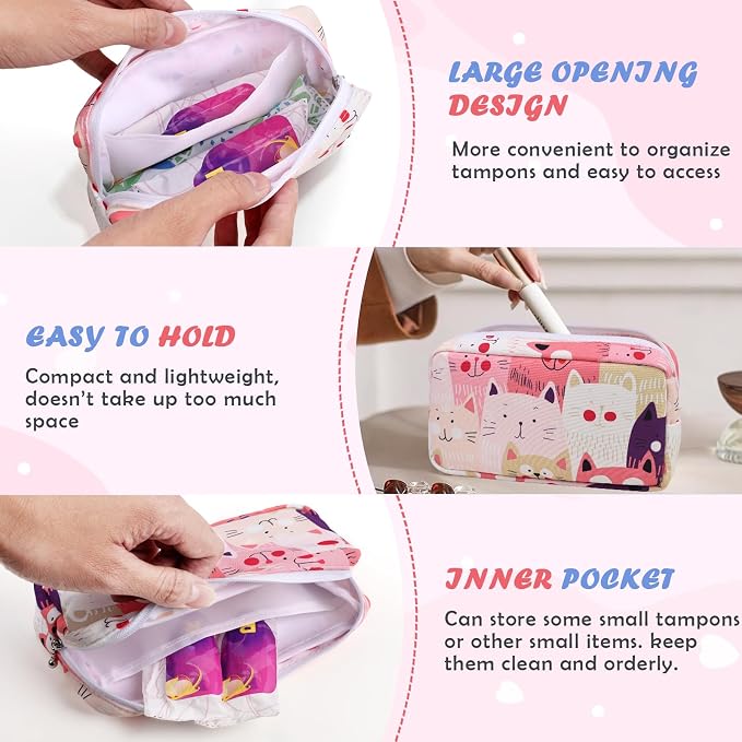 21 PCS First Period Starter Kit for Teen Girls Period Bags for Teen Tweens Girls with Sanitary Pad Storage Bag, Wipes, Menstrual Tracker, Disposal Pouches and More (Pink Cats)