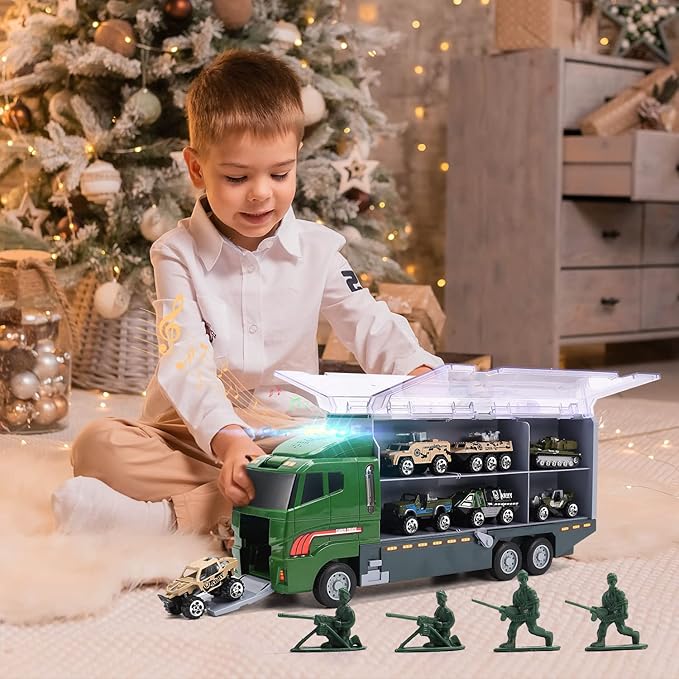 28 in 1 Army Toy Trucks with Sound and Light, Push and Go Military Car Carrier with 16 Soldiers, Gift for Boys, Toddlers, and Kids Ages 3+