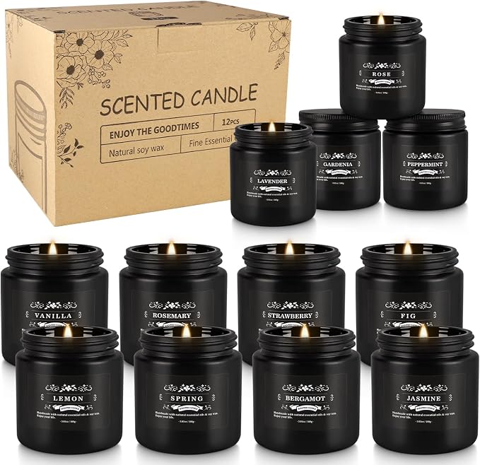 12PCs Black Scented Candles - Aromatherapy Candle Set, Soy Wax Candle for Home Camping & Garden, Christmas Gifts for Men or Women Indoor Outdoor, 3.05 Ounce Each