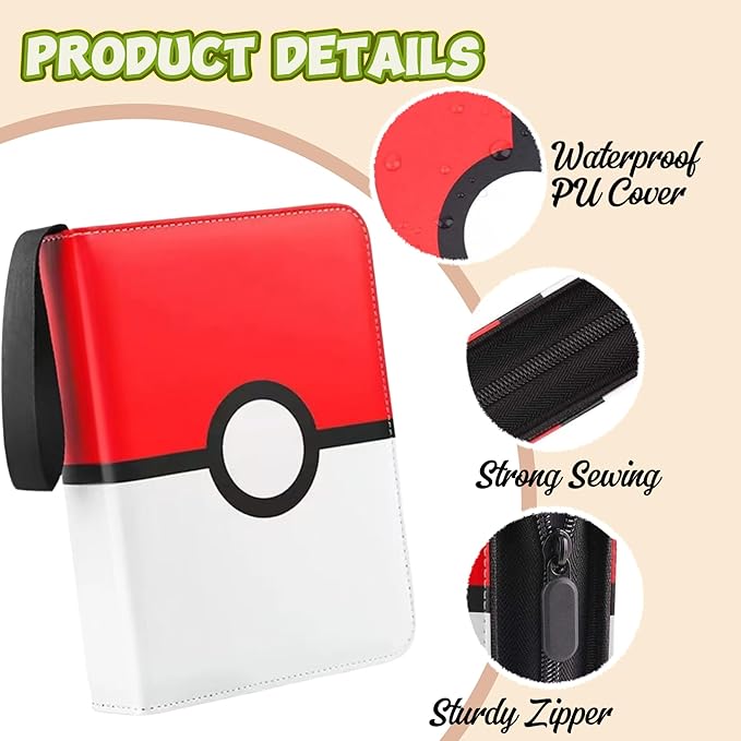 4-Pocket Trading Card Binder Holds 400 Cards - Includes 50 Removable Sleeves, Portable Zippered Card Album, Protective Game Card Storage Case for Collectors (4 pockets 400)