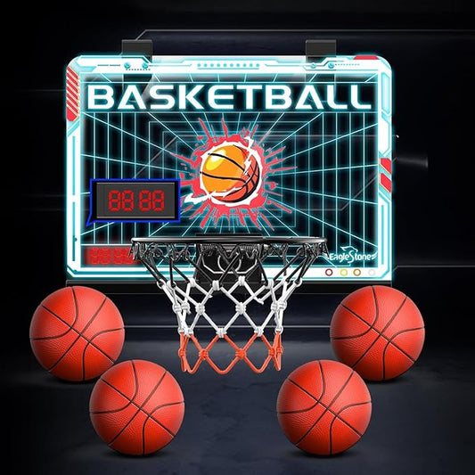 EagleStone Mini Indoor Basketball Hoop with Scoreboard,4 Balls & Pump,Over The Door Bedroom Office Basketball Hoop for 6 7 8 9 10 11 12+ Year Old Kids Boys