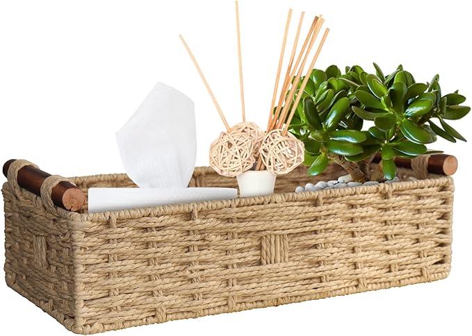 STOBSK Round Paper Rope Storage Basket with Handle, Beige, 14.5in x 6.6in x 3.74in | with Handle for Bedroom Home Decor and Shelves Apartment Countertop Use,Beige