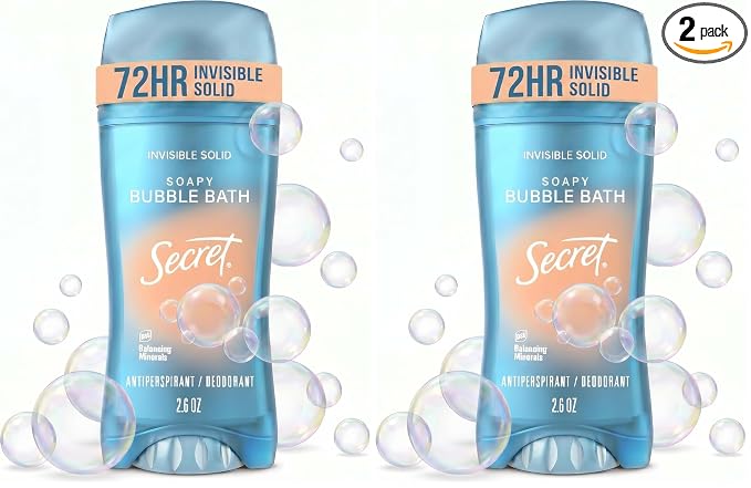 Secret Fresh Antiperspirant Deodorant for Women, 72hr Breathable Sweat & Odor Protection, Instant Freshness & Gentle, PH Balancing Minerals, Invisible Solid, Soapy Bubble Bath Scent,2.6 oz,(Pack of 2)