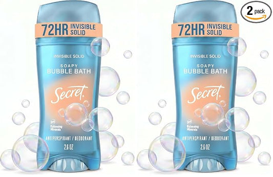 Secret Fresh Antiperspirant Deodorant for Women, 72hr Breathable Sweat & Odor Protection, Instant Freshness & Gentle, PH Balancing Minerals, Invisible Solid, Soapy Bubble Bath Scent,2.6 oz,(Pack of 2)