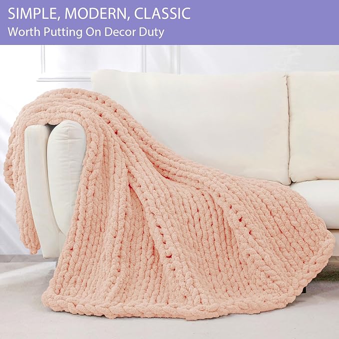 Bigacogo Chunky Knit Throw Blanket for Couch, 40x40 inches, Peach Fuzz | Hand Knit with Jumbo Chenille, Soft Breathable Cable Knit for Sofa Bed Living Room, Machine Washable, Gift for Mom Friend