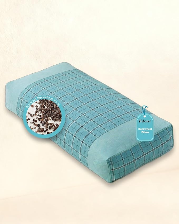 Buckwheat Cube Pillows for Side Sleepers,19.6"x9.8" Buckwheat Hulls Filling Cervical Neck Support Pillows for Sleeping, Customizable Height, Plaid Pillow Covers,Blue