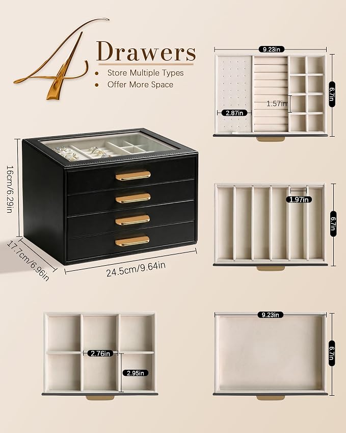 Homeanda Jewelry Boxes Organizer with Glass Lid, 4-Layer PU Leather, Black | Modern style display case with 4 drawers for daily jewelry, women, mom or girl gift