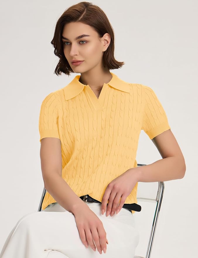 Micoson Womens Short Sleeve Sweater Tops Lapel V Neck Polo Shirts 2026 | Summer Cable Knit Loose Blouses, Business Casual Outfits
