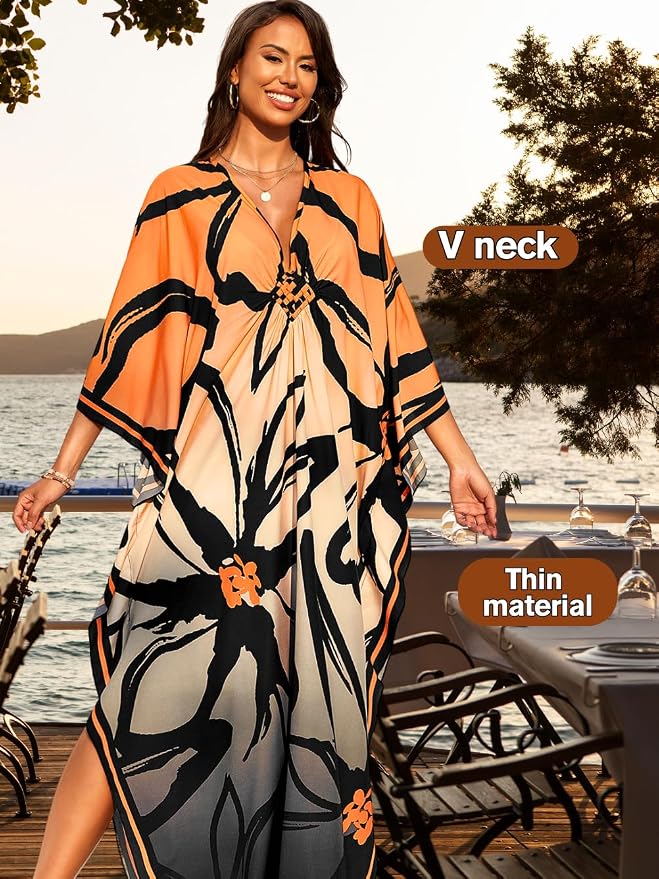 ChiaoLezhee Print Moo-Moos for Women, Kaftan Cover-Up Dresses, Sexy V-Neck High-Slit, Beach Pool-Party Coverups Muumuu Plus