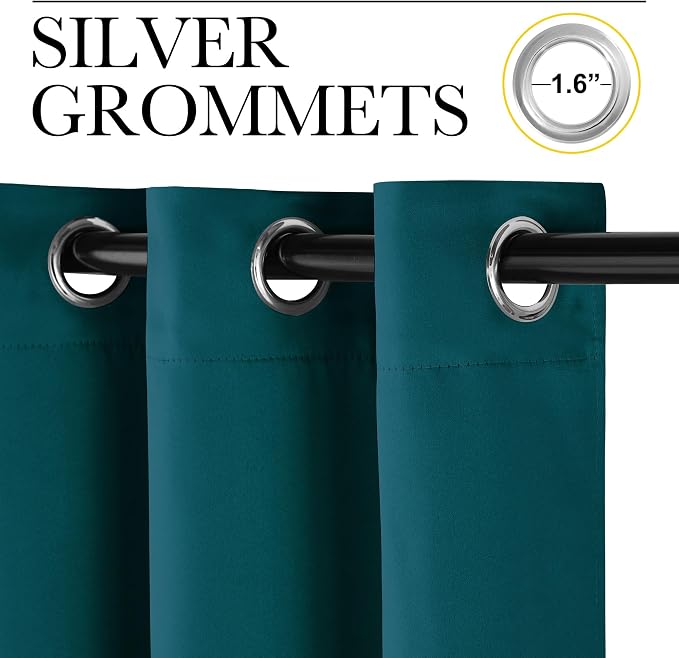NICETOWN Teal Blackout Cafe Faux Silk Curtains for Small Windows, 42" Wide by 63" Long, 2 Panels, Grommet Thermal Insulated Blackout Satin Drapes for Bedroom