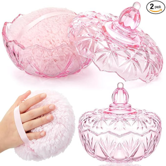 Tioncy 2 Pcs Extra Large Dusting Powder Puff and Container for Women-6'' Glass Crystal Dusting Powder Container with Body Soft Washable Reusable Velour Face(Pink,Pumpkin)