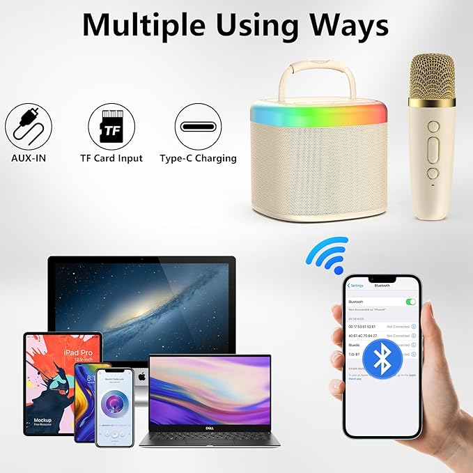 JYX Mini Karaoke Machine for Kids - Beige Bluetooth Speaker with Party Lights and 1 Wireless Microphone, Great for Kids and Adults, Ideal for Family Home Parties and Birthday