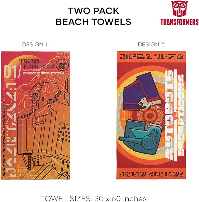 NORTHWEST Transformers Beach Towel 2-Pack, Oversized, Soft, Absorbent, Fast-Drying & Sand-Free Pool Towels, Featuring Decepticon Solar Punk B Designs 30" x 60"