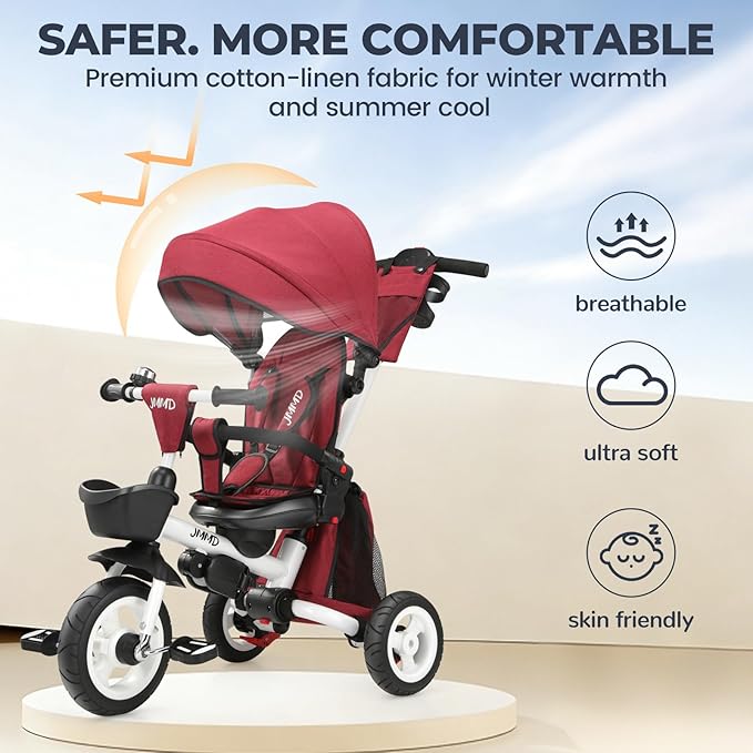 JMMD 8 in 1 Tricycle Stroller with Push Handle, Foldable Trike with 360° Swivel Seat, Reclining Backrest, All-Terrain Wheels, Dual Brakes, Canopy & Storage, Gift for Kids 18 Months to 5 Years, Red
