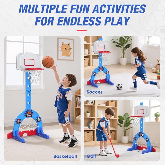 HYES Toddler Basketball Hoop, 3-in-1 Sports Activity Center with Soccer Goal, Golf Game, 5 Height Adjustable Kids Basketball Hoop, Indoor Outdoor Playset Toys Gifts for Boys Girls 3-5, Blue