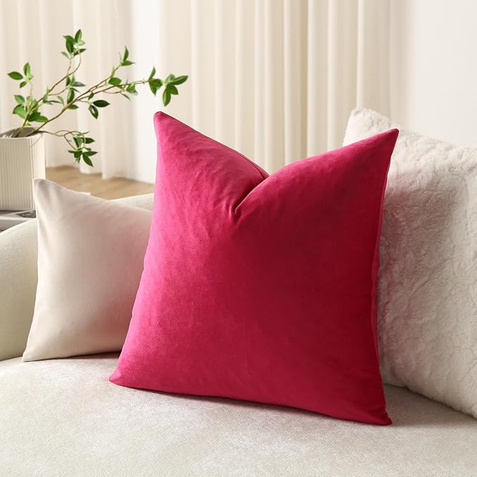 Throw Pillow Covers 16x16 Hot Pink: Pack of 2 Cozy Soft Velvet Square Modern Luxury Decorative Throw Pillow Cases for Sofa Couch Living Room Bed Home Decor