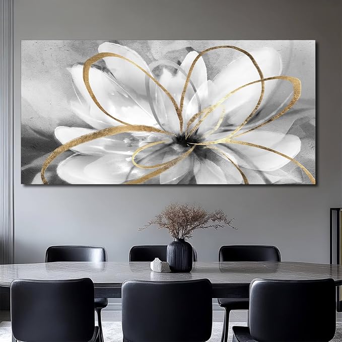 SOUGUAN Large Canvas Wall Art White Flower Painting 30x60 Inch Black Art for Living Room Bedroom Office Home Wall Accents