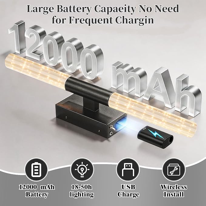 camuucci Battery Operated Wall Sconces Set of 2, Rechargeable Wall Lights | 12000mAh Long-Lasting Battery,Dimmable Cordless Sconce,No Wiring Needed for Bedroom,Living Room,Black 25.6 Inches