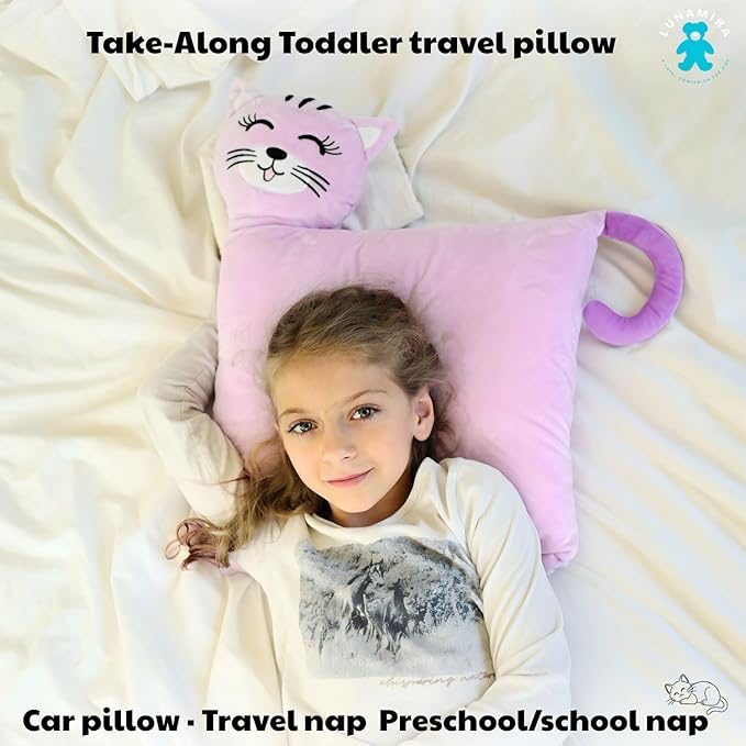 LUNAMIRA Kids Cat Plush Pillow – Cute Bedroom Decor Throw Pillow & Movie-Night Buddy, Cuddle Sleeping Pillow, Soft Comfort Toddler Travel Pillow, Washable Cover, 16”x14” Birthday for Kids