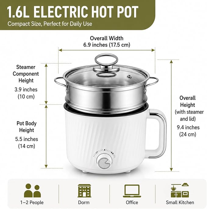 1.6L Nonstick Personal Electric Hot Pot with Steamer Basket & Clear Glass Lid, 300W/600W Electric Ramen Cooker for Dorms, Apartments & Offices, Noodles, Soup, Oatmeal, Pasta, Shabu-Shabu & Boiled Eggs