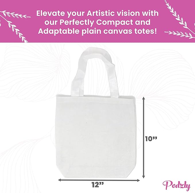 Podzly DIY Blank Canvas Tote Bags - Set of 12 Small 12" x 10" White Plain Totes for Crafting and Personalizing