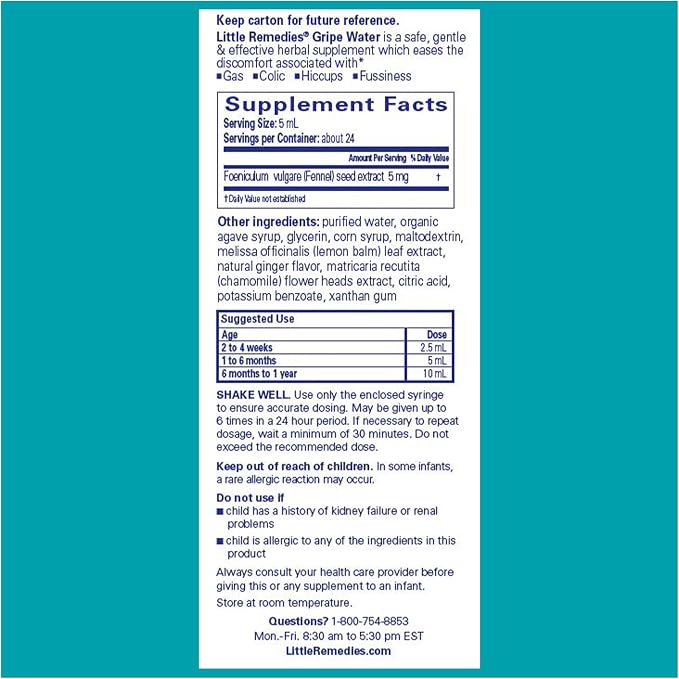Little Remedies Gripe Water for Babies, With Chamomile, for Baby Gas Relief, No Alcohol or Artificial Dyes, 4 Fl Oz