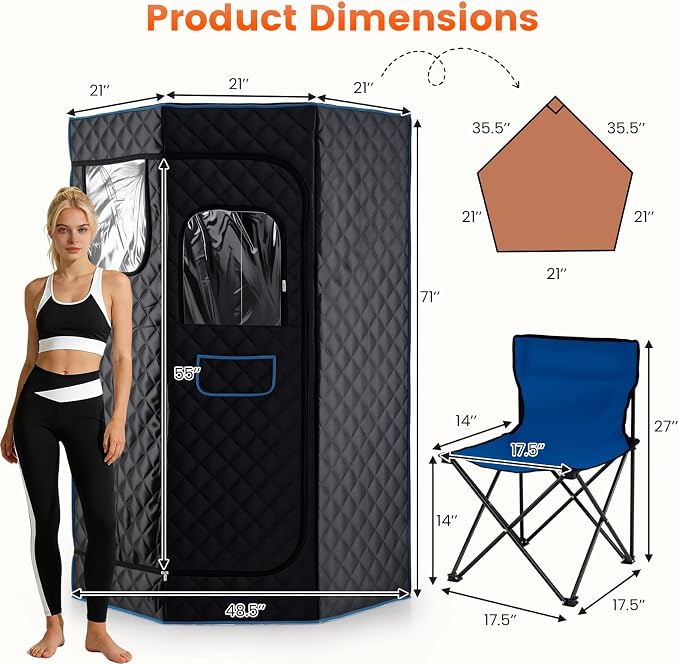 Giantex 3L Portable Steam Sauna, Fast-Heat Large Pentagon Sauna Box for Home, 9-Level Remote Control, 99-Min Timer, Folding Chair, Foot Roller, Mat, 35.5" x 35.5" x 71" Sauna Tent (Black)
