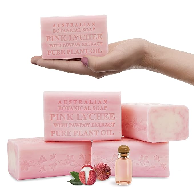 Australian Botanical Soap Pink Lychee with Pawpaw Extract – Triple Milled 6.6 oz Bar Soap with Shea Butter, Face Hand & Body Soap Bars, Pack of 4