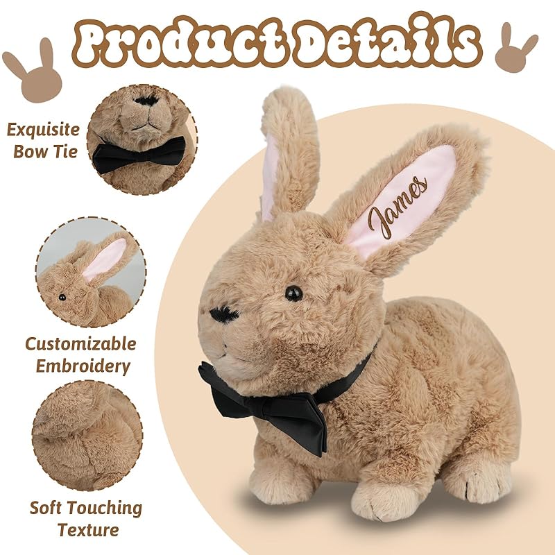 Custom Bunny Plush Embroidered Name, Realistic Bunny Stuffed Animal, Personalised Brown Rabbit for Baby Birthday Easter Gift for Girls Toddlers Kids(1 ear)