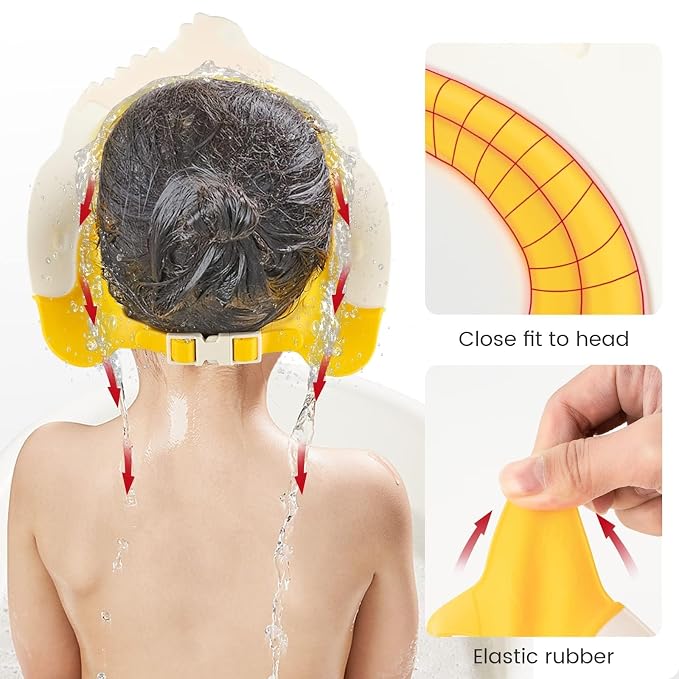 FUNUPUP Baby Shower Cap for Kids, Baby Bath Shampoo Visor Cap Hair Washing Shield Adjustable Silicone Bath Hat for Toddler Girls and Boys (Dinosaur,Yellow)