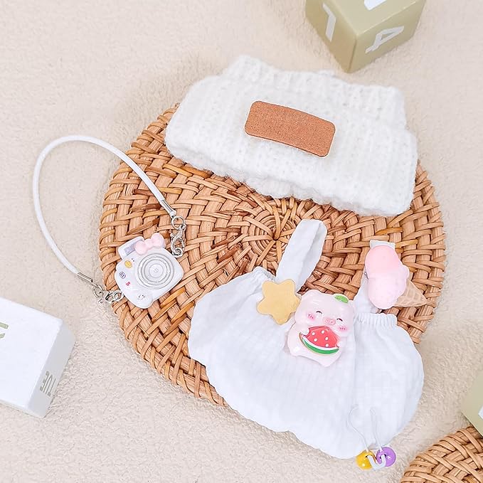Doll Clothes for 17cm Dolls, Soft Knit Hat, Cozy Overalls, Camera, Bottle & Cute Accessories (No Doll) (White)