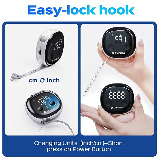 Lepulse Smart Body Tape Measure, Bluetooth Measuring Tape for Body Measurements, LED Display & Fitdays App, Digital Tape Measure for Waist, Hip, Arms, 60in Retractable, USB Rechargeable