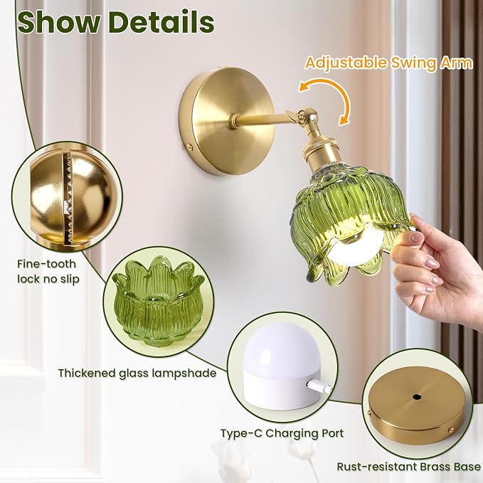 Vintage Battery Operated Wall Sconces: Set of 2 Rechargeable Wireless Light | 5000mAh Green Flower Glass Cordless Lighting, Remote Control Powered Dimmable Sconce, Small Lights for Bedroom Hallway Renter