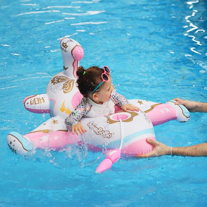 Swimbobo Toddler Pool Float Inflatable Car Baby Swim Float with Adjustable Sun Canopy and Safety Seat Pool Toys for Kids 3+ Years Old(Pink Airplane)
