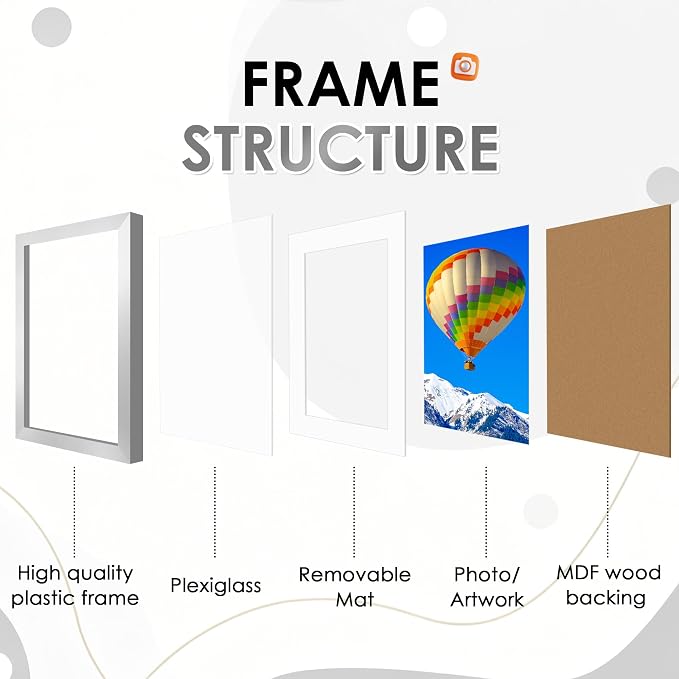 FIXSMITH 8.5x11 Picture Frame Set of 2, Silver Photo Frame with HD Plexiglass, Display Pictures 6x8 with Mat or 8.5x11 Without Mat, Black Picture Frames Collage Wall Decor, Gallery Wall Frame