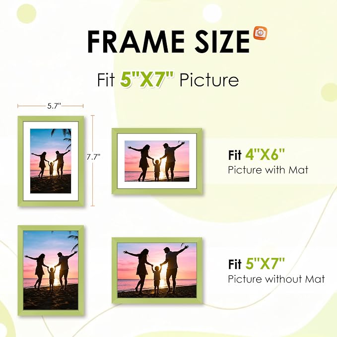 FIXSMITH 5x7 Picture Frame Set of 2, Green Photo Frame with HD Plexiglass, Display Pictures 4x6 with Mat or 5x7 Without Mat Multi Picture Frames Collage for Tabletop or Wall Display