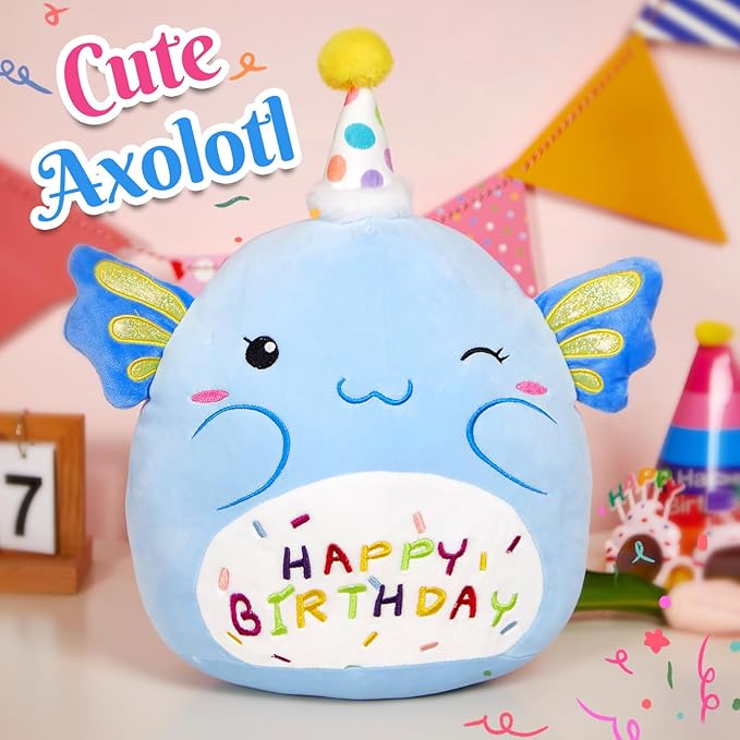 14“ Birthday Axolotl Plush Pillow,Blue Axolotl Stuffed Animal Soft Plush Toy,Cute Plushie Doll Gifts for Kids & Birthday Party Decor