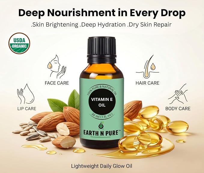 Earth N Pure Vitamin E Oil for Skin & Hair 50ml | 100% Pure & Natural Tocopherol Oil | Face Moisturizer, Deep Skin Hydration, Dark Spots, Scars, Nails, Scalp & DIY Skincare b| 100ml