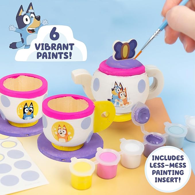 Bluey Paint & Play Tea Party, 6-Piece Wooden Tea Set, Customize with Paint & Stickers, 2 Wearable Crowns, Fun Toys for Kids, Cute Birthday Party Decorations, Pretend Play Tea Party, Toys