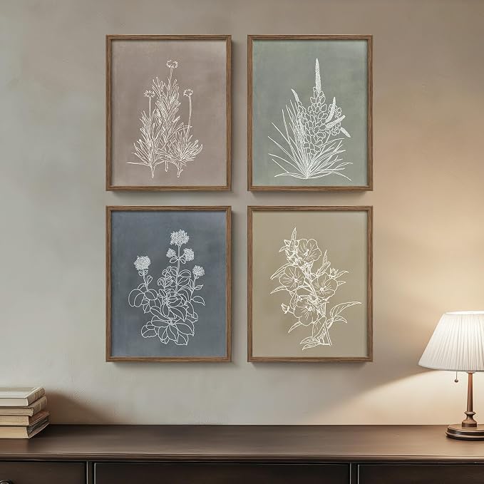 Framed Boho Botanical Wall Art for Bathroom, 4 Piece Rustic Floral Canvas Painting Prints Artwork, Vintage Neutral Flower Pictures for Farmhouse Bedroom Dining Room Kitchen Office Wall Decor, 8x10 In